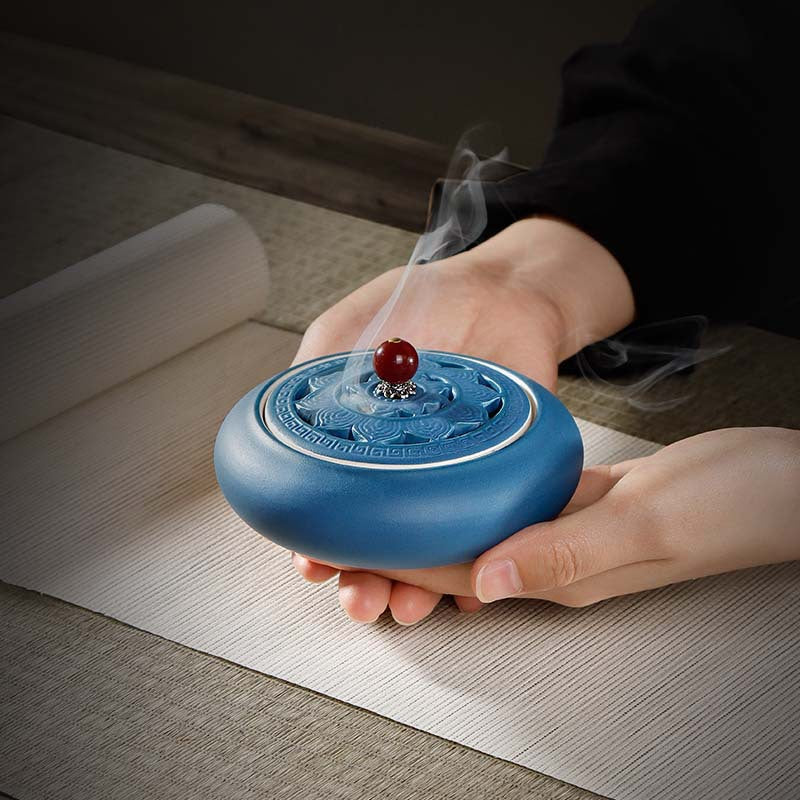 Celadon Blue Incense Burner + FREE Ash & Incense Samples - Universal for Spiral/Cone/Seal Incense, Suitable for 6cm Incense Mold