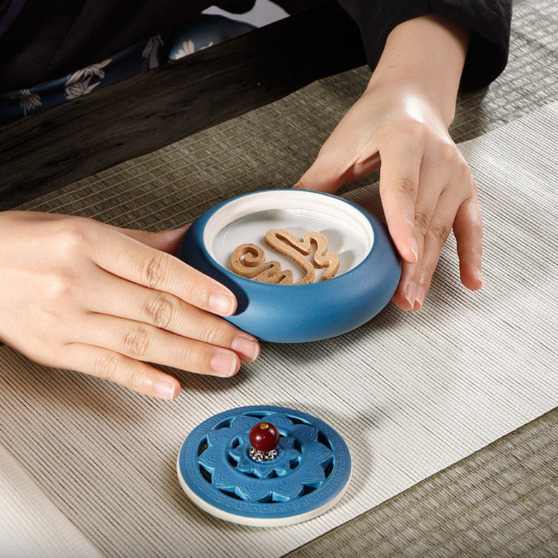 Celadon Blue Incense Burner + FREE Ash & Incense Samples - Universal for Spiral/Cone/Seal Incense, Suitable for 6cm Incense Mold