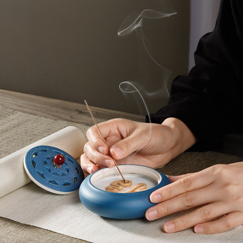 Celadon Blue Incense Burner + FREE Ash & Incense Samples - Universal for Spiral/Cone/Seal Incense, Suitable for 6cm Incense Mold